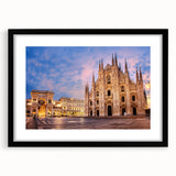 Extra large, colorful abstract art print of a textured Milan scenery on a black framed canvas, ideal for living room decor.