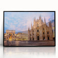 Large abstract wall art depicting Milan scenery in muted gray and blue tones on framed acrylic.
