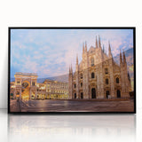 Large abstract wall art depicting Milan scenery in muted gray and blue tones on framed acrylic.