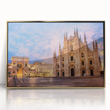 Art deco poster of Milan scenery with muted gold and blue tones on acrylic, ideal for modern art wall decor.