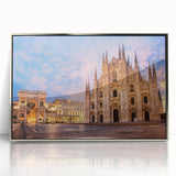 Large art print of Milan scenery in muted earth tones on a silver-framed acrylic, suitable for modern art wall decor.