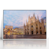 Mid-century modernist art of Milan skyline in muted earth tones on a framed acrylic, ideal for nursery wall decor.