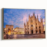 Framed canvas of vintage Milan landscape in black and gold tones, ideal for bedroom wall art.
