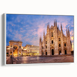 Vintage poster art of Milan scenery on a framed canvas, featuring colorful artwork and black accents.