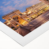 Art deco poster of Milan scenery on rolled canvas, featuring muted earth tones, ideal for dining room wall art.