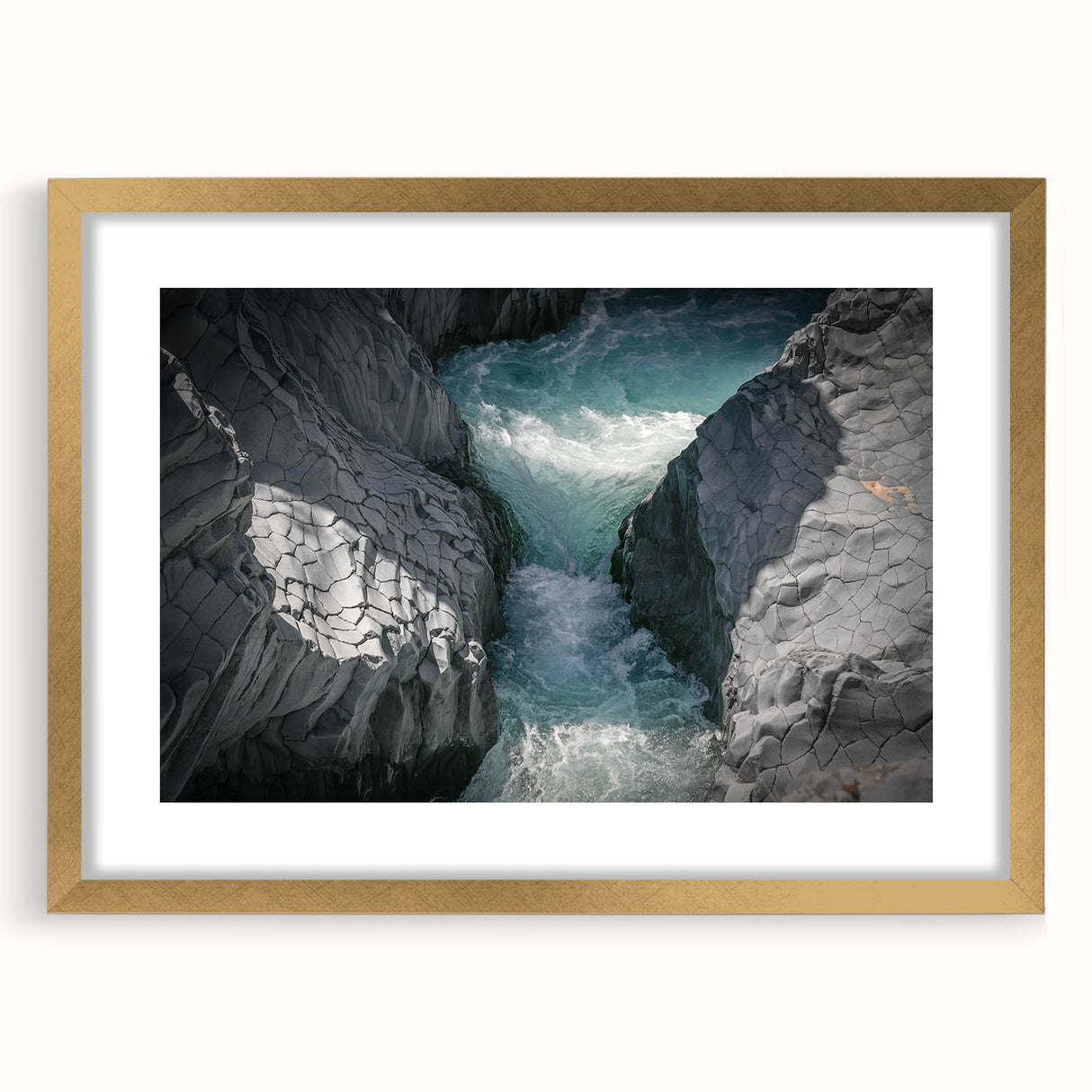 Abstract art print of Mount Etna in muted earth tones, framed in gold, ideal for dining room decor.