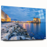 Acrylic print of Naples scenery with vibrant blue and green hues, ideal for dining room decor.