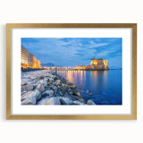 Abstract art print of Naples scenery in muted earth tones, framed with a gold mat, suitable for bedroom or dining room decor.