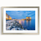 Extra large abstract art print of Naples scenery in textured silver frame, ideal for living room wall decor.