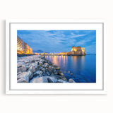 Textured abstract art print of Naples scenery in muted earth tones on a framed white mat, ideal for bedroom wall decor.