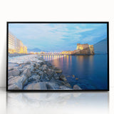 Large abstract wall art of Naples, Italy, in vibrant twilight hues on a black framed acrylic.