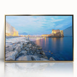 Art deco poster of Naples scenery with muted gold and blue tones on acrylic, ideal for modern art wall decor.