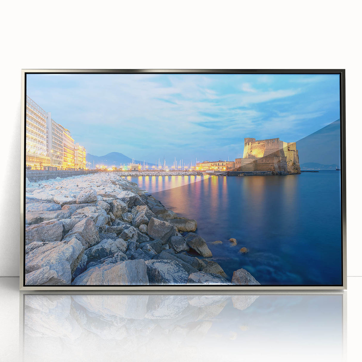 Large art print of Naples scenery in mid-century modernist style, silver-framed acrylic, ideal for modern art wall decor.