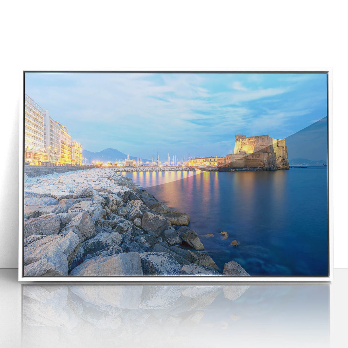 Mid-century modernist art depicting Naples, Italy, in vibrant hues, framed in white acrylic, suitable for nursery wall art.