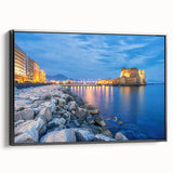 Black and white vintage poster art of Naples landscape on framed canvas, suitable for bedroom wall decor.