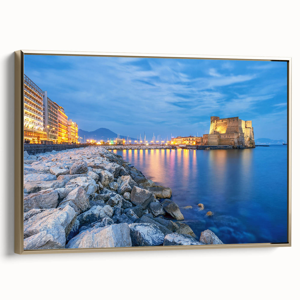 Framed canvas of a vintage-style Naples landscape in muted earth tones, ideal for bedroom wall art.
