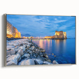 Framed canvas landscape art painting featuring a vintage-style Naples scenery in vibrant colors, ideal for living room decor.