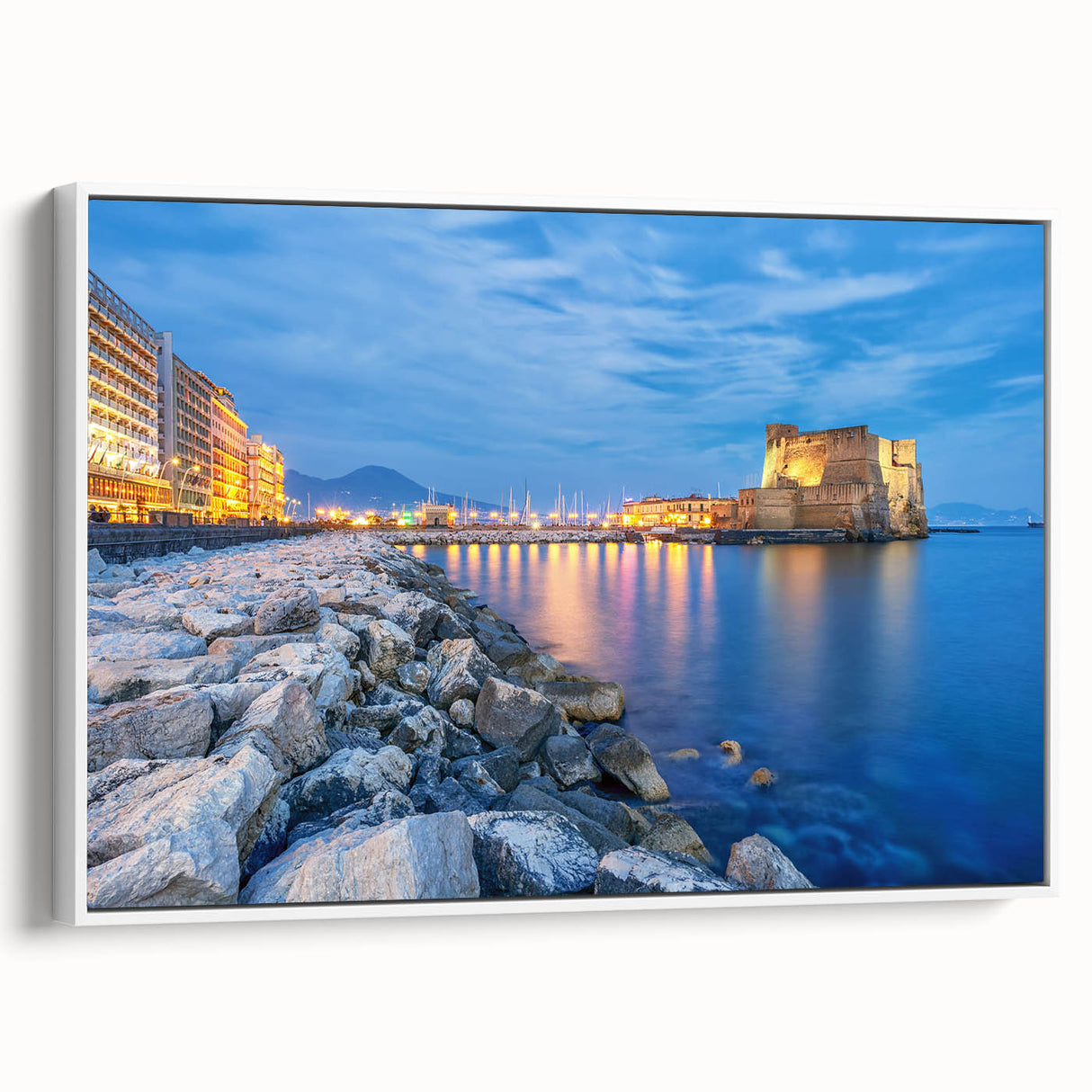 Vintage poster art of Naples with colorful accents on extra large, framed canvas, ideal for living room decor.