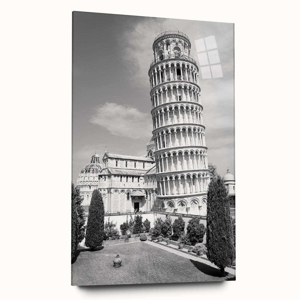 Acrylic print of the Leaning Tower of Pisa in muted sepia tones, ideal for bedroom or dining room art.