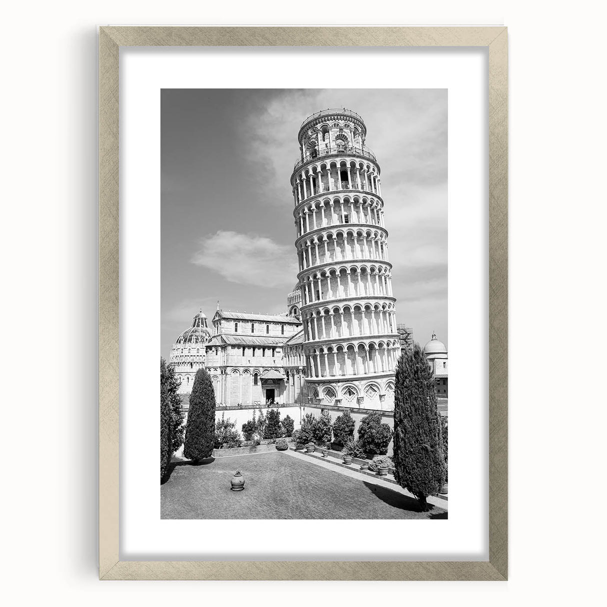 Extra large wall art of abstract Pisa scenery in textured silver frame, ideal for living room decor.