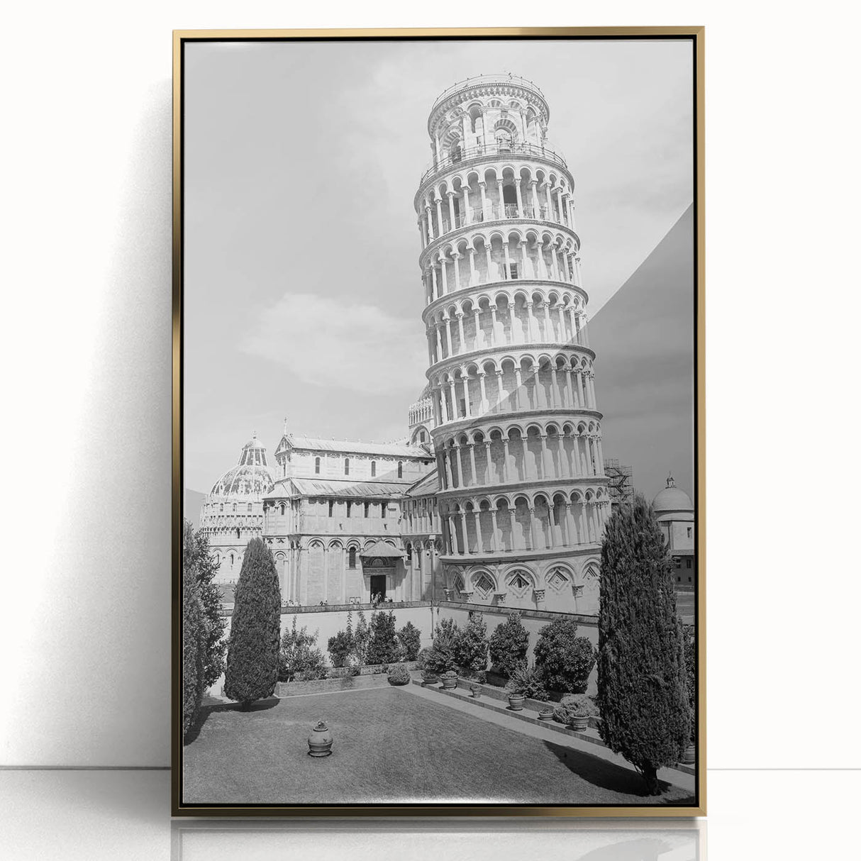Art deco poster of the Leaning Tower of Pisa in muted gold tones, acrylic print framed, suitable for modern art wall decor.