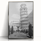 Large art print of the Leaning Tower of Pisa in muted earth tones, framed in silver acrylic, ideal for modern art wall decor.