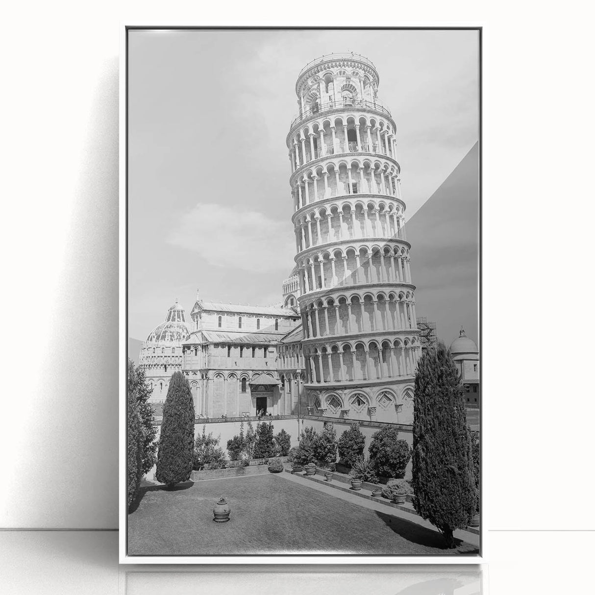 Mid-century modernist art depicting the Leaning Tower of Pisa in muted earth tones on a framed acrylic.