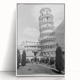 Mid-century modernist art depicting the Leaning Tower of Pisa in muted earth tones on a framed acrylic.