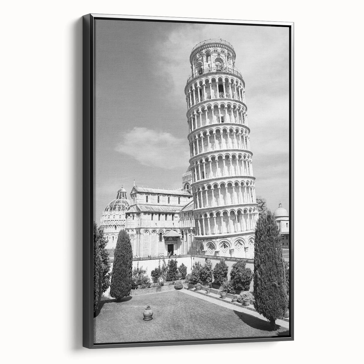 Black and white framed canvas of the Pisa landscape, ideal for bedroom wall art in a vintage poster style.