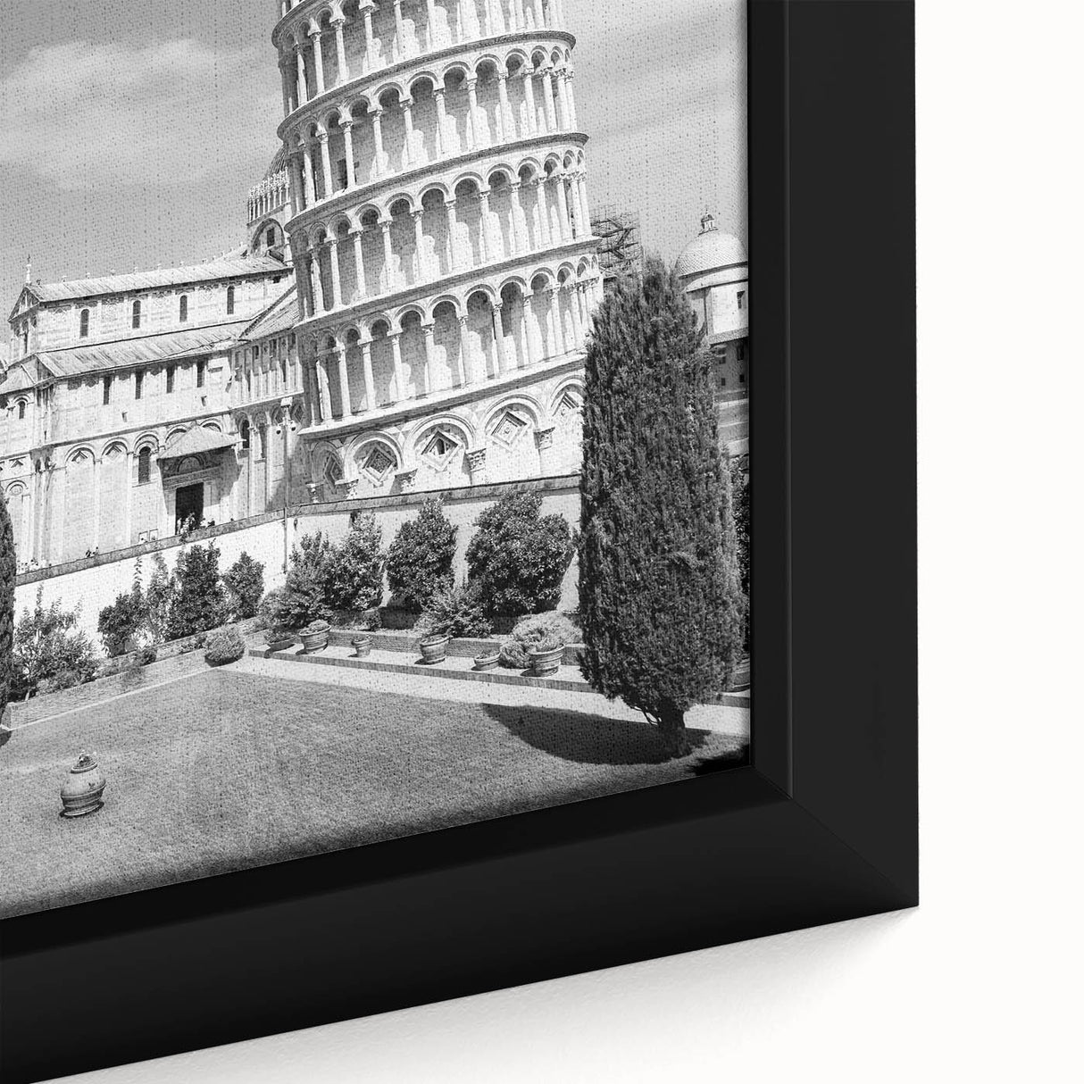 Extra large black wall art featuring a textured view of the Leaning Tower of Pisa in vibrant colors.