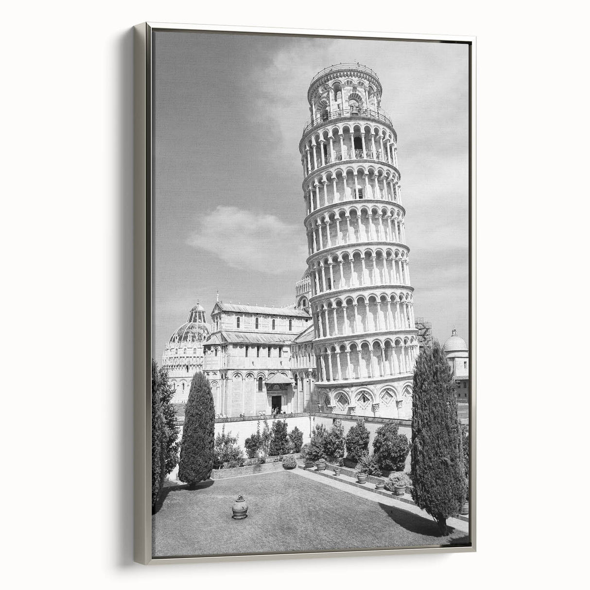 Framed canvas of a vintage-style landscape art painting featuring the Leaning Tower of Pisa in muted earth tones.