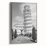 Framed canvas of a vintage-style landscape art painting featuring the Leaning Tower of Pisa in muted earth tones.