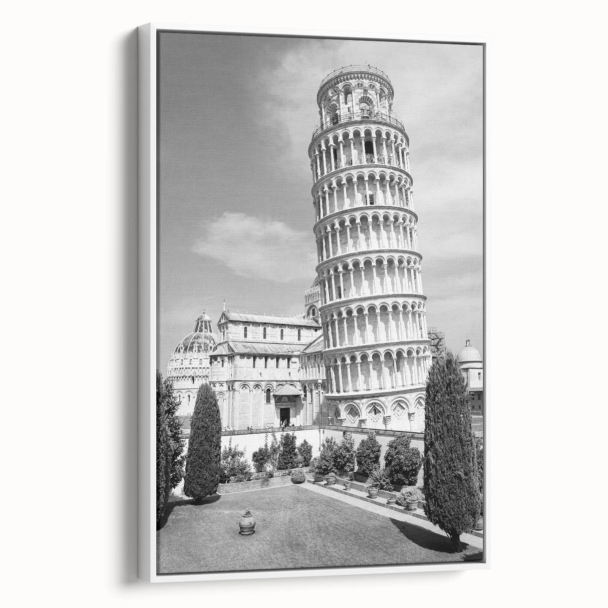 Vintage poster art of the Leaning Tower of Pisa in colorful hues on a large framed canvas, ideal for living room decor.