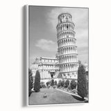 Vintage poster art of the Leaning Tower of Pisa in colorful hues on a large framed canvas, ideal for living room decor.
