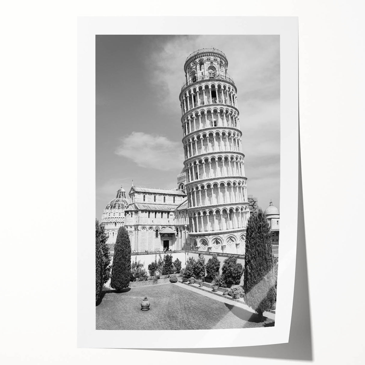 Rolled print of Pisa, Italy with detailed floral foreground in soft pastel colors, ideal for dining room wall art.