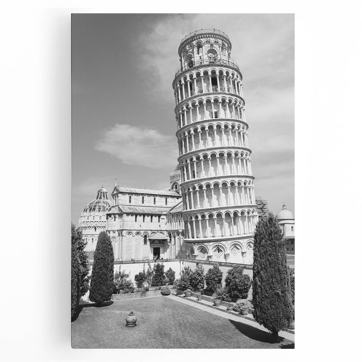 Black and white stretched canvas of the Leaning Tower of Pisa in a minimalist style, ideal for kitchen wall art.