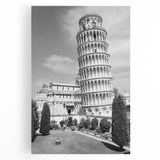 Black and white stretched canvas of the Leaning Tower of Pisa in a minimalist style, ideal for kitchen wall art.