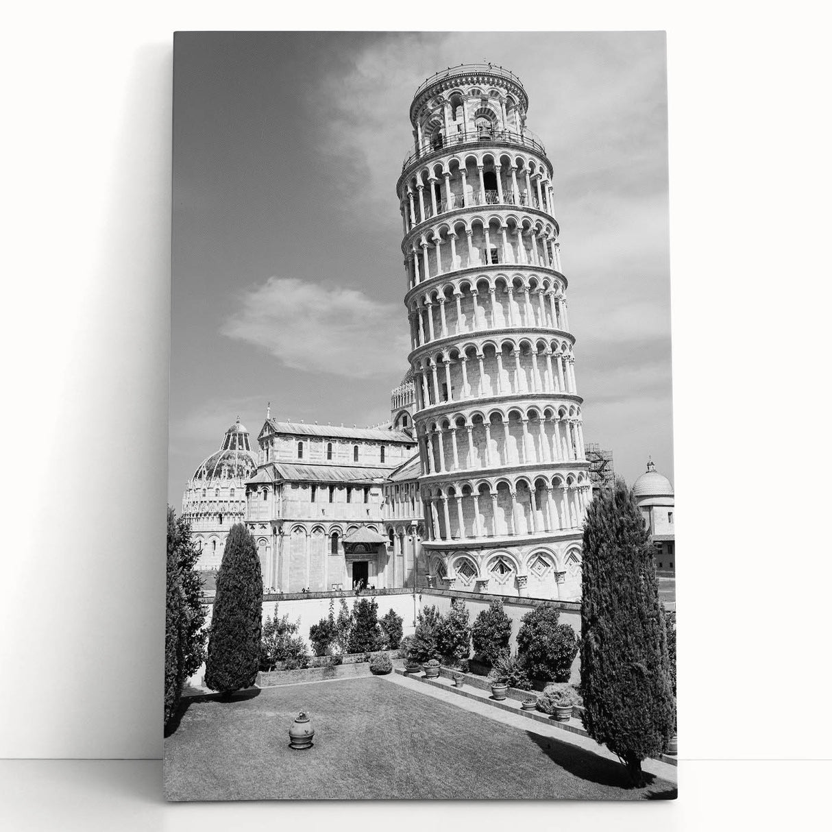Black and white stretched canvas of the Leaning Tower of Pisa, ideal for kitchen wall art.