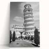 Black and white stretched canvas of the Leaning Tower of Pisa, ideal for kitchen wall art.