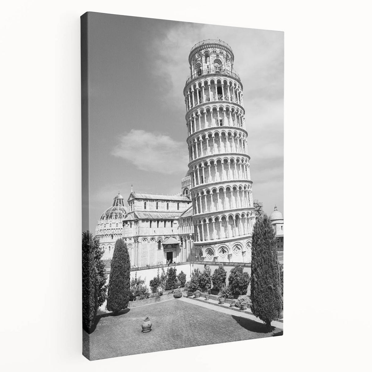 Side view of a stretched canvas featuring the Leaning Tower of Pisa in muted earth tones, ideal for kitchen wall art.