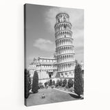 Side view of a stretched canvas featuring the Leaning Tower of Pisa in muted earth tones, ideal for kitchen wall art.