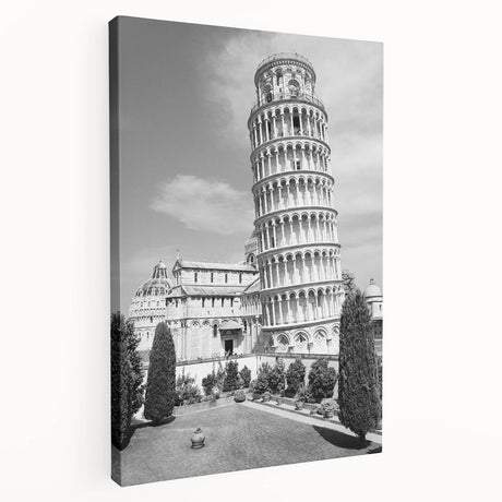 Side view of a stretched canvas featuring the Leaning Tower of Pisa in muted earth tones, ideal for kitchen wall art.