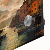 Acrylic glass print of Portofino, Italy, featuring vivid blue and green tones in a mid-century modernist style.