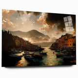 Large abstract wall art of Portofino, Italy in vibrant colors on acrylic glass, ideal for bedroom or dining room decor.