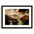 Extra large abstract art print of Portofino, Italy, with vibrant colors, textured finish, framed and matted in black.