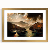 Abstract art print of Portofino, Italy, featuring vibrant blue and green tones on a gold-framed canvas.