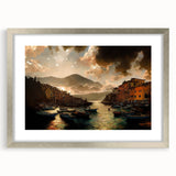 Extra large wall art of a textured abstract Portofino scenery in muted earth tones, framed in silver.