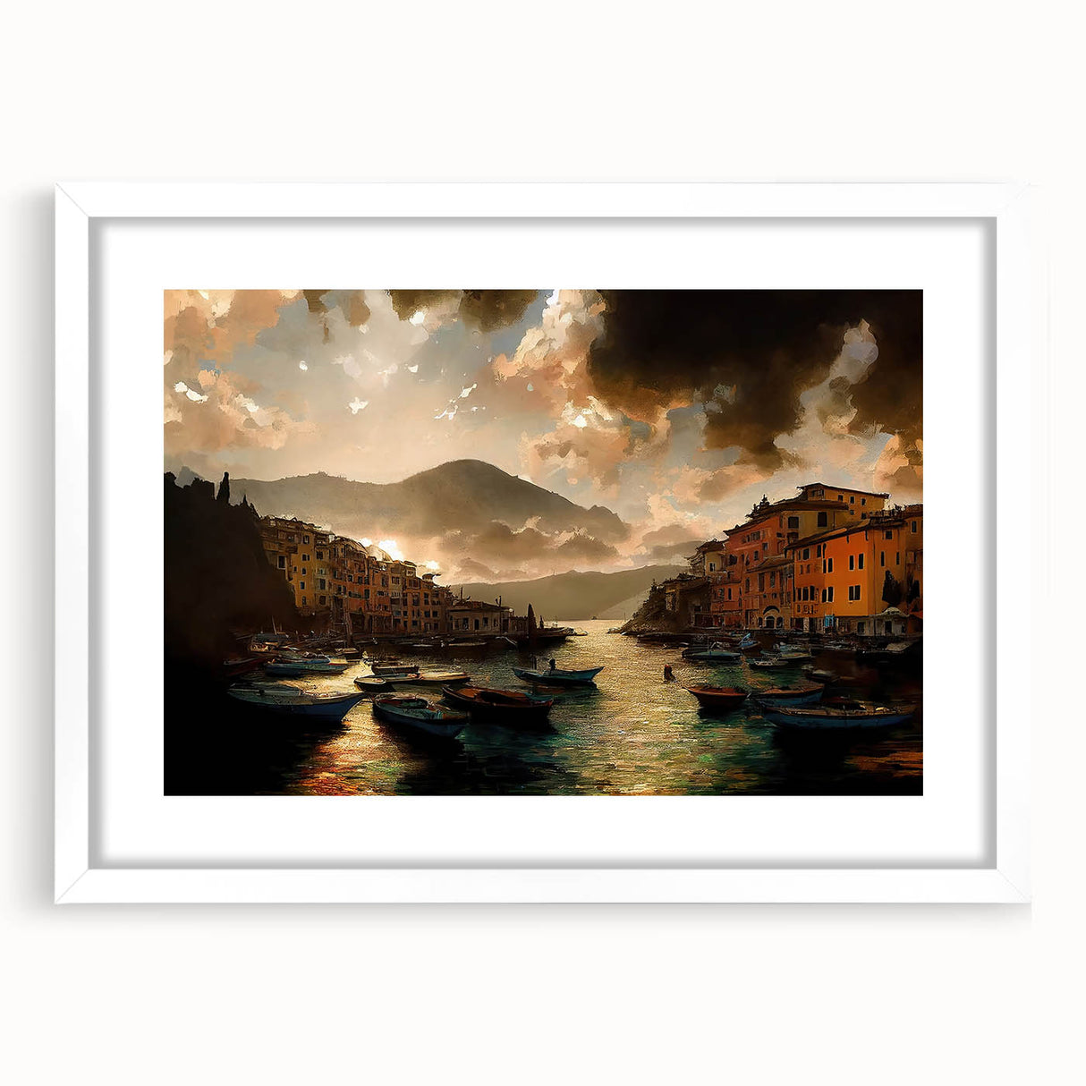 Textured art depicting abstract scenery of Portofino, Italy, in muted earth tones, framed with a white mat.