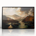 Large abstract wall art depicting a European scenery in Portofino with vibrant colors on black framed acrylic.