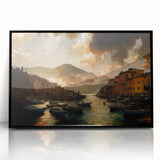 Large abstract wall art depicting a European scenery in Portofino with vibrant colors on black framed acrylic.